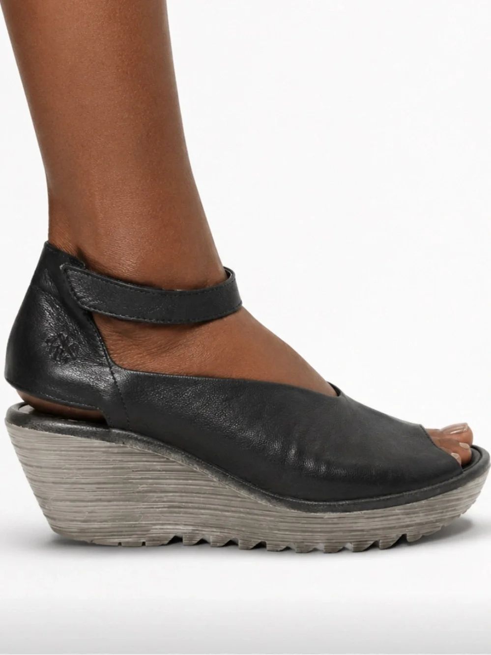 FLY LONDON Yala Grey Leather Wedge Platform Sandals with Ankle Strap Size 9